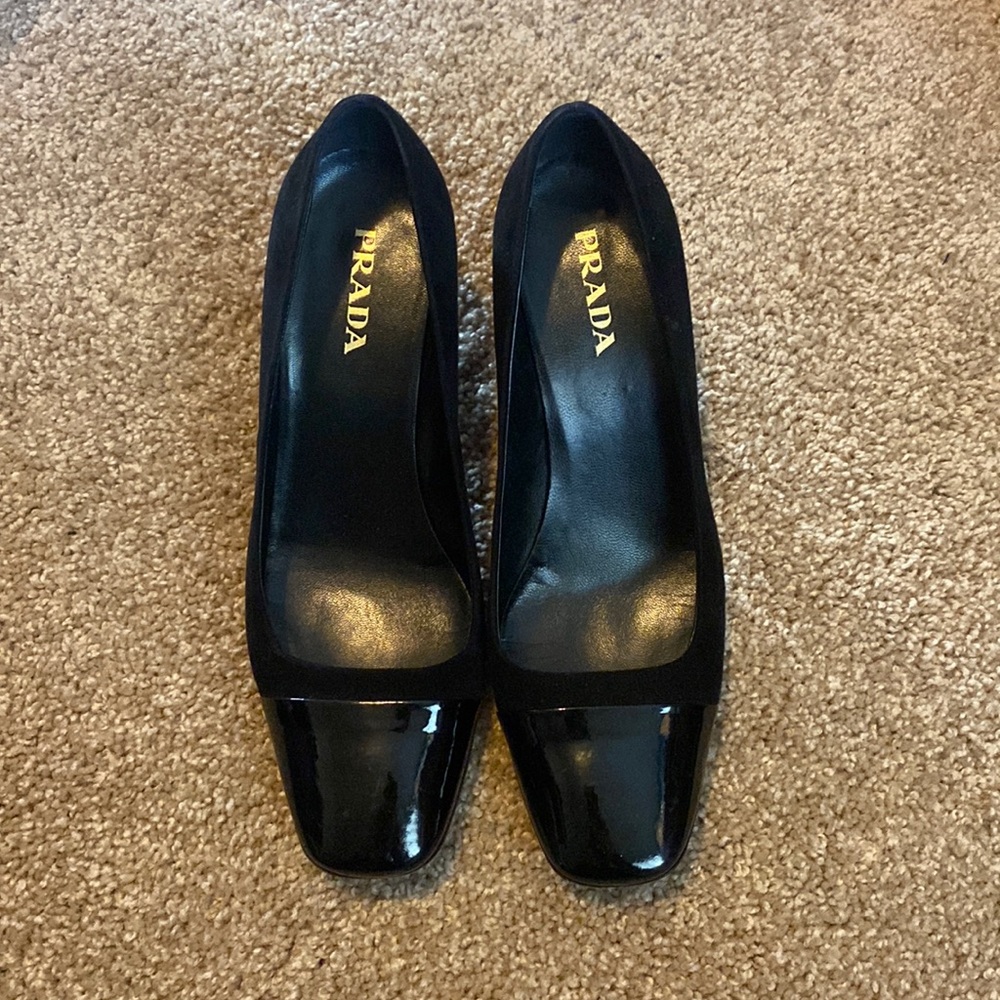 Black suede with patent leather toe Prada kitten heels